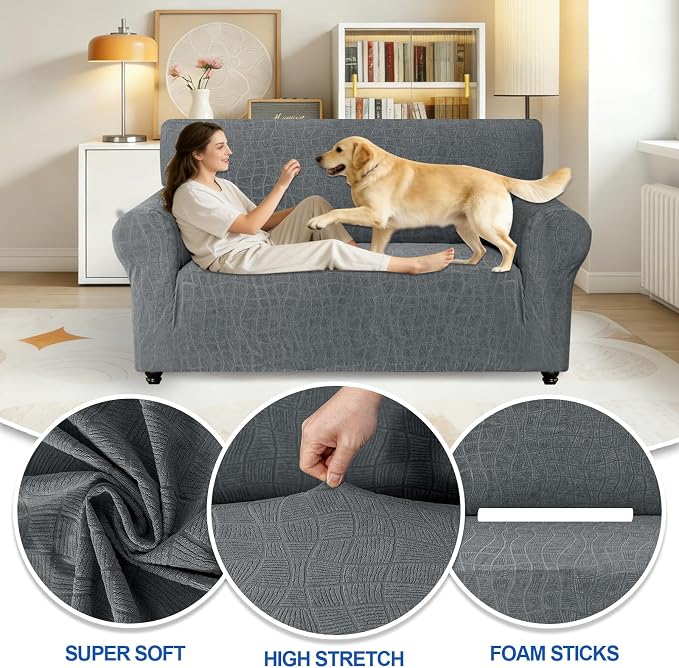 MAXIJIN Waterproof Loveseat Cover Couch Covers, 1 Piece Stretch Love Seat Sofa Slipcovers with Non-Slip Elastic Bottom, Washable Furniture Protector for Dogs Pets (Medium, Light Gray) - Image 2