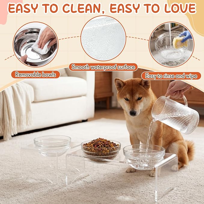 Raised Dog Bowl Stand, 3 Bowl Elevated Dog Feeder for Medium Dogs, Clear Acrylic Modern Feeding Station with 6 Bowls (Glass & Stainless Steel), Non Slip, Supports Better Digestion - Image 6