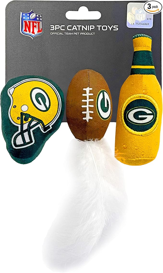 BEST PLUSH CAT TOY - NFL GREEN BAY PACKERS Complete Set of 3 piece Cat Toys filled with Fresh Catnip. Includes: 1 Helmet Cat Toy, 1 Football Cat Toy with Feathers & 1 Beer Bottle. Beautiful Team LOGOS by PETSFIRST