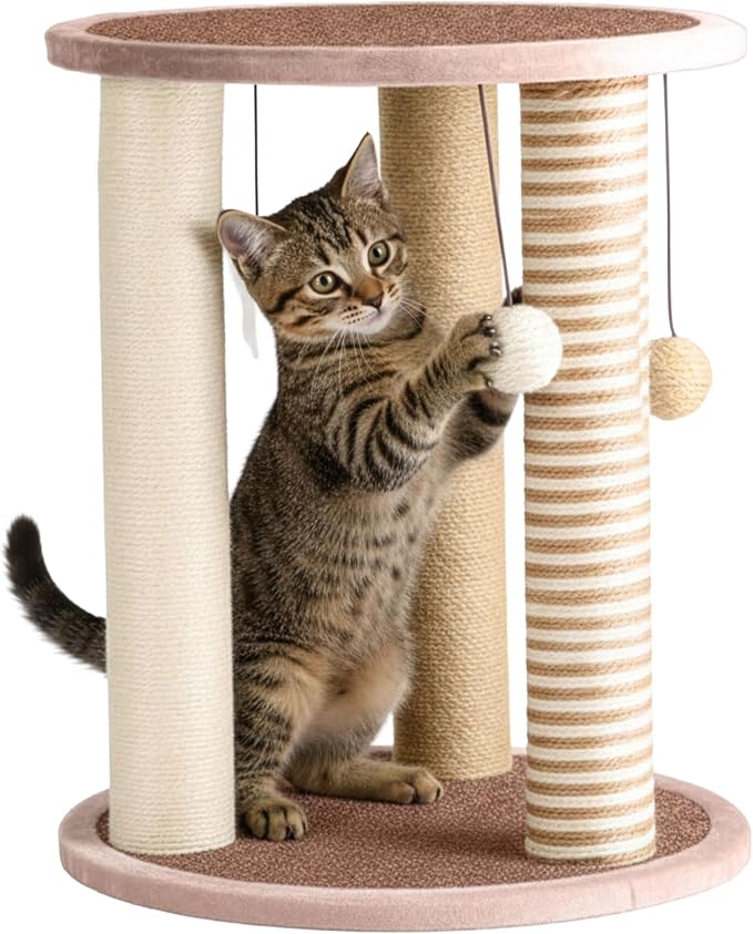 Cat Scratching Post - 3 Scratcher Posts with Carpeted Base Play Area and Perch - Furniture Scratching Deterrent for Indoor Cats by PETMAKER (Brown), Large | Large Tower Furniture Scratching Deterrent with Perch and Play Area for Indoor Cats and Kittens by PETMAKER