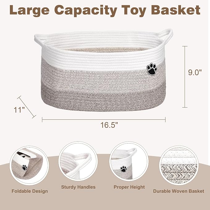 Optish 25L Medium Dog Toy Basket, Woven Rope Storage Basket, White-Brown | 16.5" x 11" x 9" Toy Storage Box and Bin with Handles for Living Room, Bedroom Organization, Foldable, Durable, Home Decor - Image 3