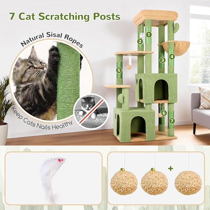 Globlazer Heavy Duty Cactus Cat Trees for Big Cats Maine Coon, F61, Green | Cat Tower for Indoor Large Adult Cats with Scratching Post, Extra Large Top Perch, Cat Condos, 61inch - Image 5
