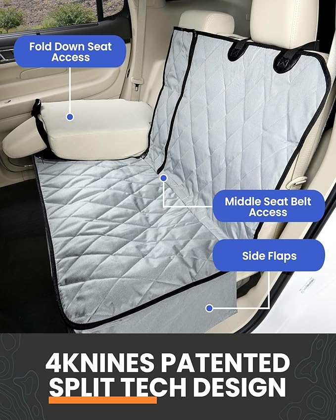 4Knines Dog Rear Seat Cover for Fold Down Seats - Fitted, Tan Regular | Heavy-duty split design fits 60/40 and 50/50 fold-down seats. No Hammock. K9-Shield waterproof layer. Non-slip backing. - Image 3