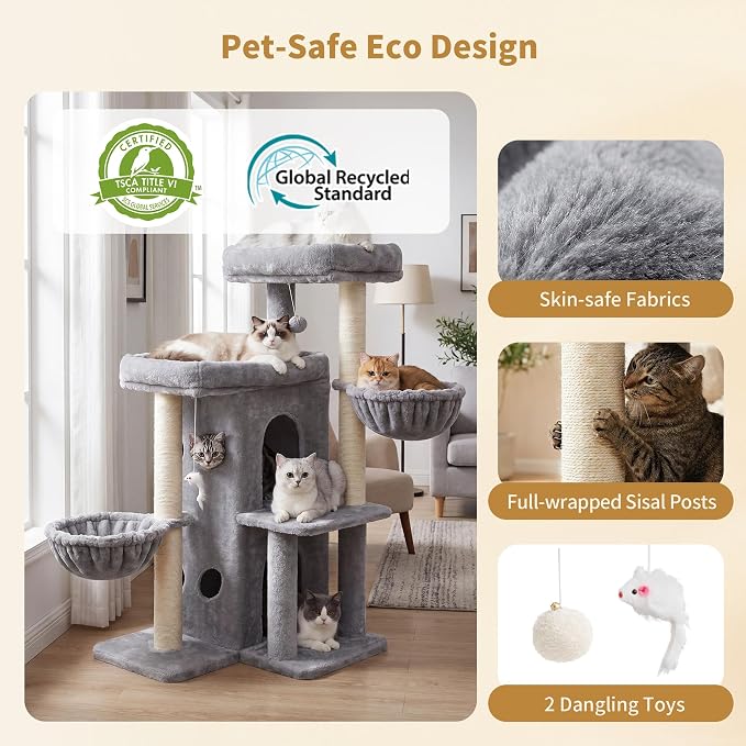 Heybly Cat Tree with Reinforced Big Base, 41.3 in Sturdy Cat Tower HCT075W | Indoor Cat Furniture Featuring 2 Roomy Platforms, Double Condos, 2 Cozy Baskets, Full Sisal Scratching Posts, Light Gray - Image 5