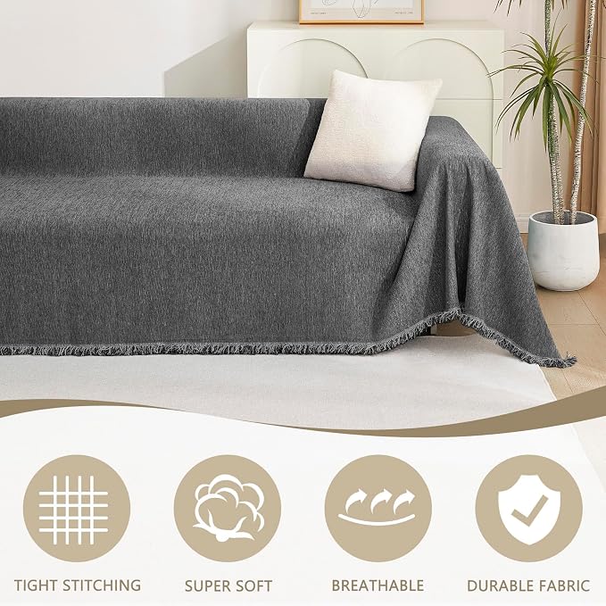 MYSKY HOME Boho Couch Cover Charcoal Gray Sofa Covers with Tassel Farmhouse Sofa Slipcover Simple Couch Protector for Dogs Chenille Sectional Couch Covers L Shaped Couch Cushion Covers, 91"x 134" - Image 2