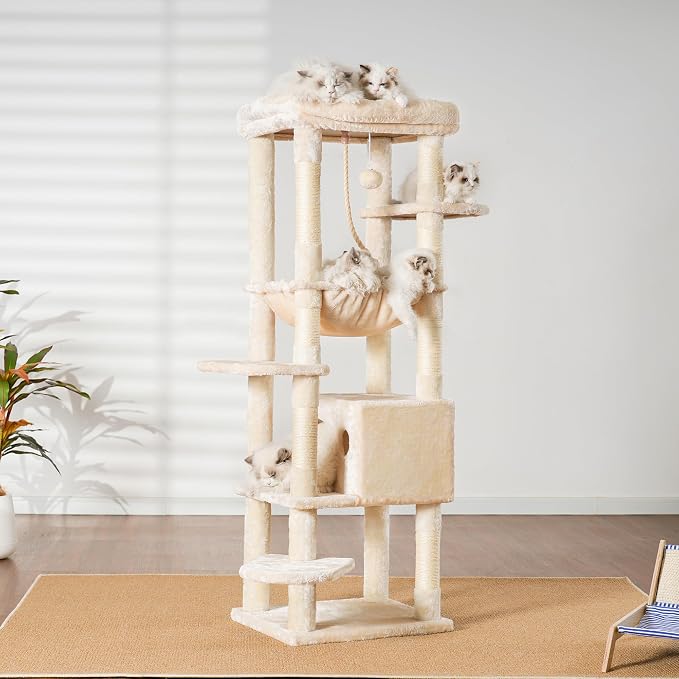 Heybly Cat Tree for Large Cats, 20lbs Heavy Duty, 60 inches HCT050M | Cat Tower for Indoor Cats with Big Padded Plush Perch, Multi-Level Furniture Condo with Cozy Basket, Beige - Image 2