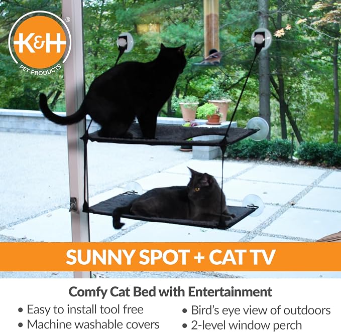 K&H Cat Window Perch, EZ Mount Double Stack Kitty Sill For Large Cats, Gray | Sturdy Cat Window Hammock Bed, Fits 27in Wx31in H Glass Spaces, Steel Frame & Suction Cups, 2 Washable Shelf Covers, Foldable - Image 3