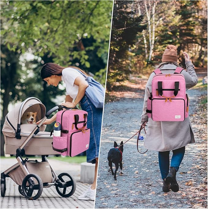 Modoker Dog Travel Backpack Set with 2 Food Bags, 2 Bowls and 1 Mat, Pink | Water-Resistant Oxford Fabric | Roomy Main Compartment | Multiple Functional Pockets | Stroller Strap | Leak-Resistant Lining - Image 6