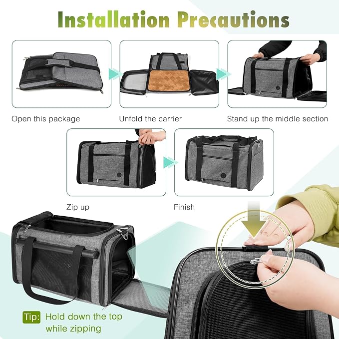 YUDODO 25lbs Cat Carrier Lightproof Soft Sided Pet Carrier for Large Cat | Airline Approved, Lightproof Breathable Design, Side Pockets, Durable Mesh, Foldable and Portable, Grey green - Image 9