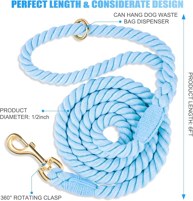 6 FT Handmade Rope Dog Leash for Small Medium and Large Dogs | Soft and Comfortable Grip, New Golden Heavy Duty Metal Clasp, Light Blue - Image 2
