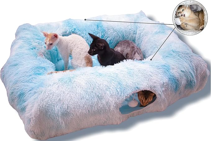 XxingSheep 4 Cave Shuttled XL Cat Tunnel Bed for Indoor Cats Peekaboo Toy Donut with Warm Mat, Azure Blue by XxingSheep