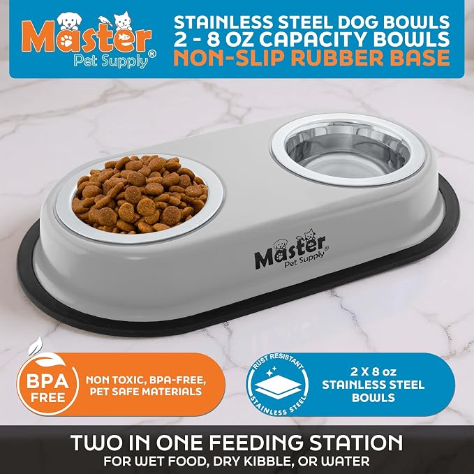 Master Pet Supply Double Dog Bowls Set with Elevated Base Light Gray | 2 - (8 oz) Stainless Steel Removable Dishes Double Cat Food Water Bowl, Dog Puppy Food Bowl Set, Rust Resistant, Raised Dish - Image 2