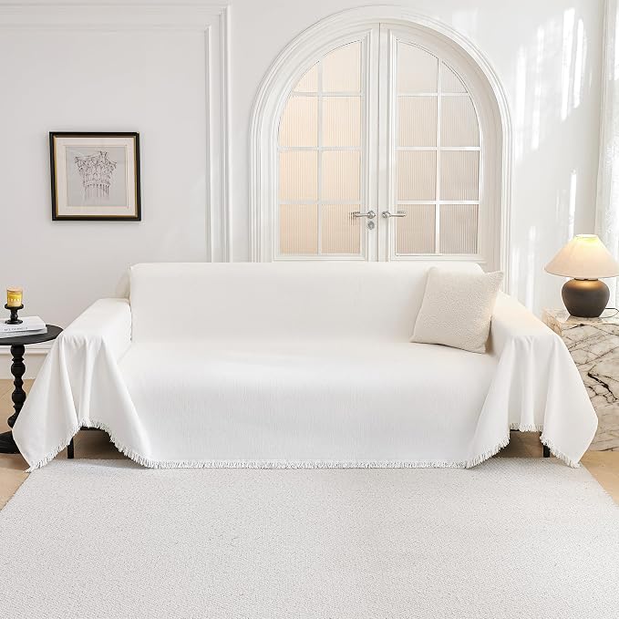 MYSKY HOME Couch Cover for Dogs Washable Couch Covers Couch Covers for Sofa Couch Cover 2 Cushion Sofa Non Slip Dogs Furniture Protector with Tassels Chenille Sofa Covers for Pets, 71"x102", White - Image 9