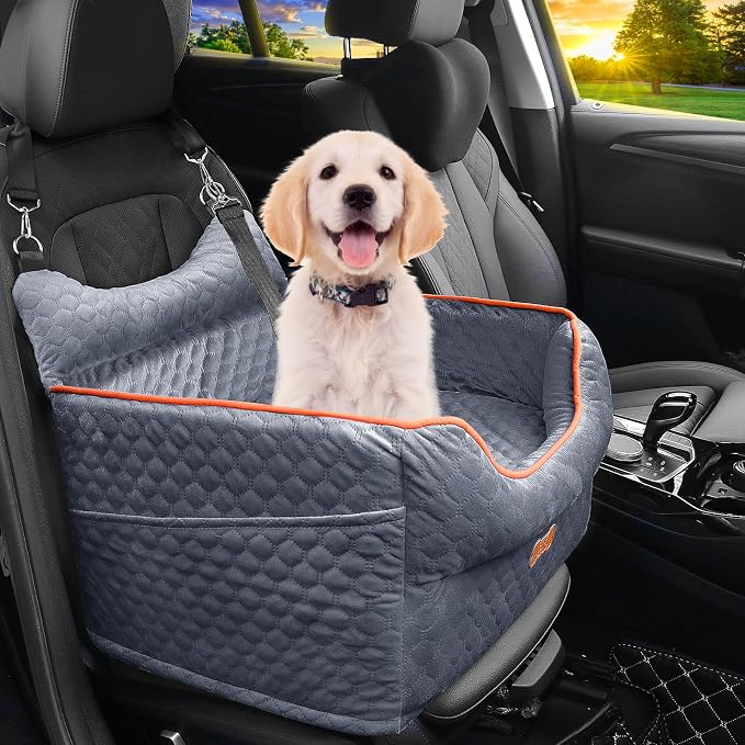 Dog Car Seat for Small Dogs Up to 25 lbs with 6-Inch Memory Foam Cushion | Elevated Booster Seat with Safety Belts, Storage Pockets and Removable Washable Cover for Front or Back Seats, Grey by EUHAMS