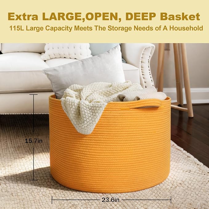 MEGASKET Extra Large 115L Orange Basket, 23.6"x15.7" Woven Cotton Rope Bins for Blankets, XXXL Baby Nursery Laundry Towel Basket, Oversized Kids Dog Toy Storage Box, Orange Living Room Decor Organizer - Image 3