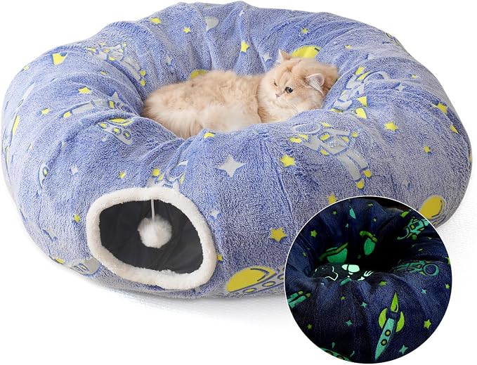 Under Christmas Tree Large Cat Tunnels Bed Tube for Indoor Cats Glows in The Dark Cat Tunnel with Cushion and Plush Ball Toy Toys for Dog Puppy Kitten Rabbit Bunnies Ferret Pet Blue by Unknown