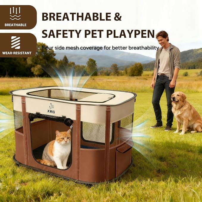 XRG Foldable Pet Playpen,Indoor Cat cage Puppy Crates M(31.5"x23.6"x21.7") | Portable Dog Crates with Upgrade Breathable Mesh，Sturdy Cat Kennel Indoor & Outdoor for Rabbit or Small Animals,Brown - Image 4
