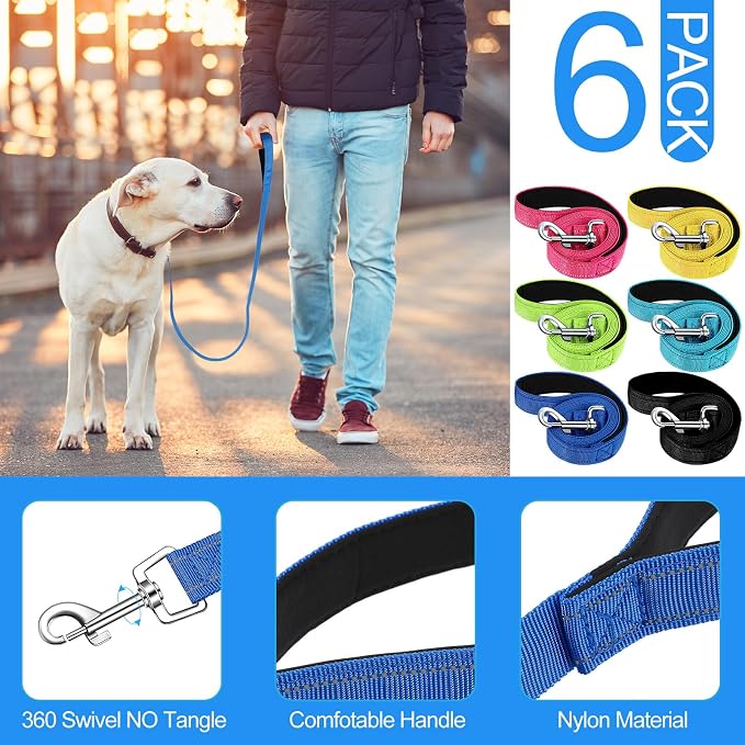 6 Pack 5 ft Nylon Dog Training Leashes Bulk for Medium and Large Dogs Heavy Duty Padded Handle Puppy Leash Traction Rope for Walking, Play, Camping - Image 3