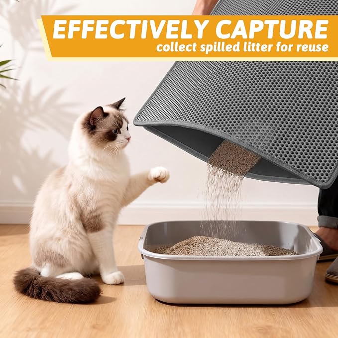 Pieviev Cat Litter Mat, Double-Layer Waterproof Litter Trap, 36" x 30" Gray | Honeycomb Design Catches Scattered Particles to Stop Tracking, Urineproof Base Protects Floors, Easy to Clean - Image 3