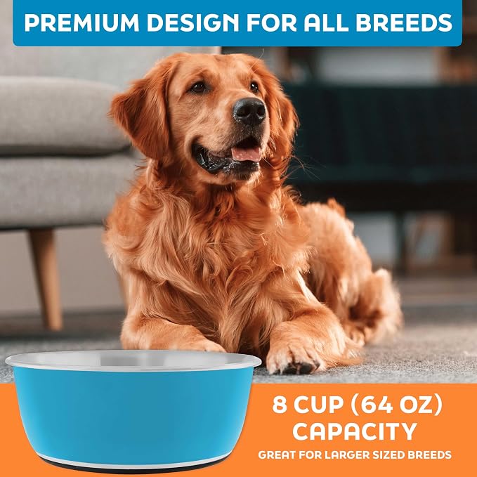Master Pet Supply Stainless Steel Dog Bowls Set of 2 - True Blue - 64 Oz | Non-Slip Rubber Base, Basic Dog Food Bowl Water & Food Bowls for Small, Medium, Large Dogs & Cats Metal Dish - Image 7