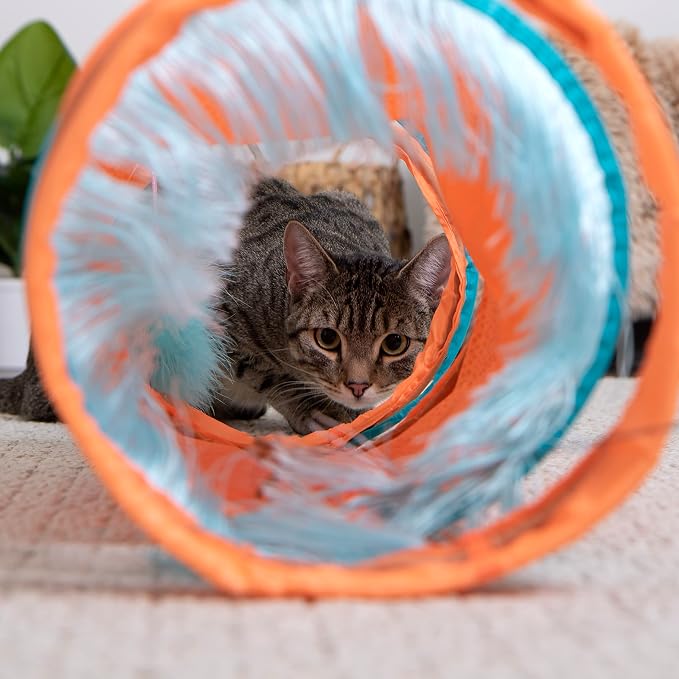 Instincts by SmartyKat Teaser Tunnel Activity Tunnel Cat Toy w/Fringe & Feather Teaser Cat Toy - Orange, One Size - Image 3