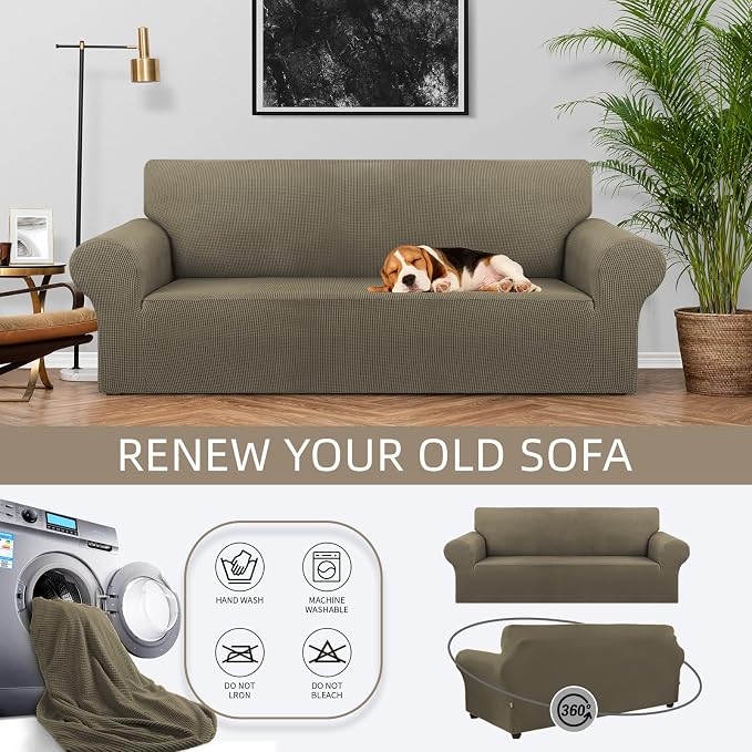 KEKUOU Stretch Couch Covers for Sofa, 3 Cushion Couch Slipcover,Khaki | 1-Piece Washable Sofa Cover Pet Friendly(78"-94") Furniture Protector Soft Jacquard, Elastic Bottom for Dogs & Kids - Image 3