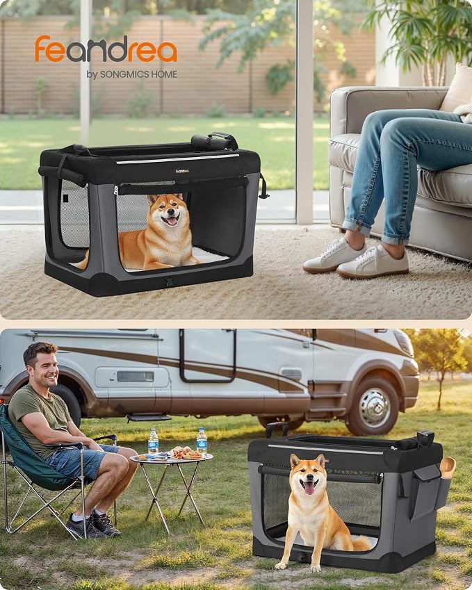 Feandrea Collapsible Dog Crate, Portable Travel Crate, 30-Inch | Oxford Fabric Pet Carrier with 4 Mesh Doors, Handles, Storage Pocket, Water Bottle Holder, UPDC017B01 - Image 2