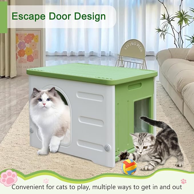 Plastic Cat House Outdoor & Indoor, Waterproof Feral Cat Houses with Escape Door, Sturdy Outdoor Cat House with Bed Mat, Outside Cat Shelter for Small Pet, Assemble and Clean Easily-Green - Image 4