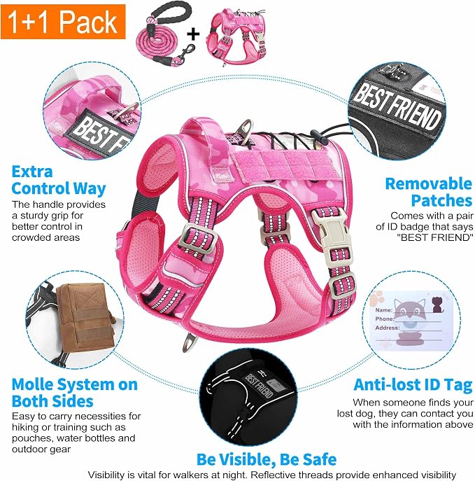 Beebiepet Heavy Duty Tactical Dog Harness for Small Dogs, No Pull Adjustable Pet Harness Reflective Service Training Easy Control Pet Vest Military K9 Working Dog Harnesses- Small, Pink Camo - Image 4