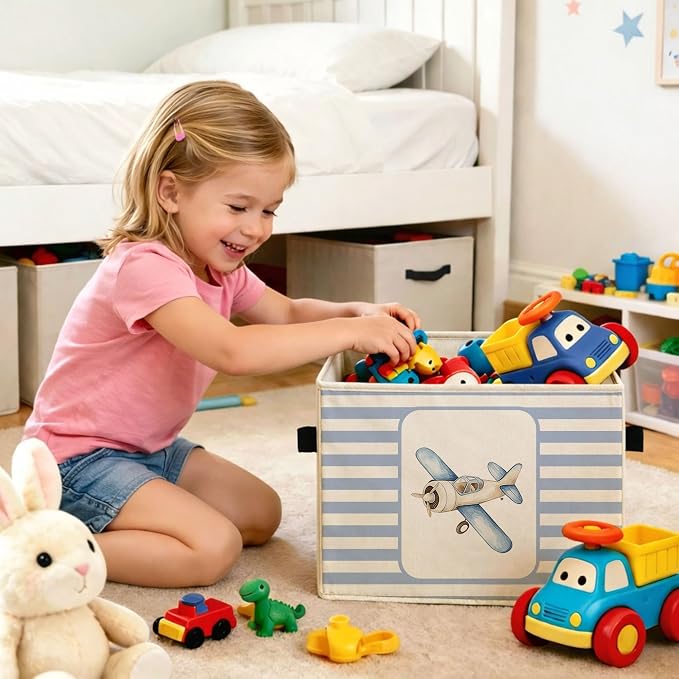 Airplane & Hot Air Balloon Storage Basket, Blue Stripe Foldable Toy Bin | Cute airplane and hot air balloon design with blue stripes; foldable fabric bin for toys, books, clothes, nursery. - Image 6