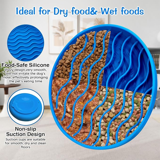 Fhiny Slow Feeder Dog Bowl Non-Slip Silicone - Blue Pet Food Dish for Fast Eaters, Dishwasher Safe - Image 3