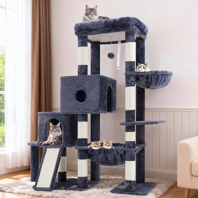 Hey-brother Cat Tree Tower with Plush Steped Condos, Big Platform, MPJ071G | 50 Inches Tiered Climbing Cat House with Sisal Scratching Posts, Spacious Hammock, Cozy Basket for Indoor Cats, Smoky Gray - Image 9