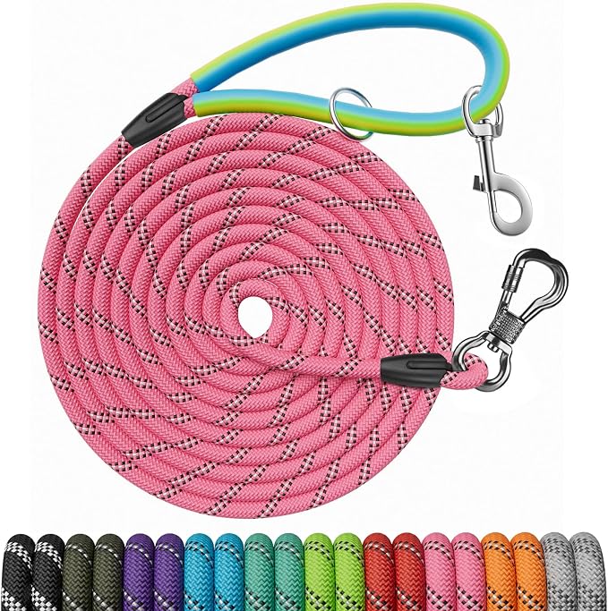 NTR Dog Long Leash, 100FT Recall Training Rope Lead, with 2 Swivel Hooks, Reflective Threads and Soft Rubber Handle, Puppy Leash for Walking, Hunting, Camping for Small Medium Large Dogs-Pink by NTR