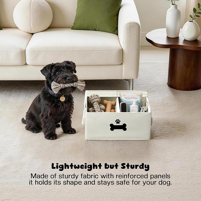 Dog Toy Basket with Double-Open Lid, Divided Dogs Basket for Toys, Collapsible Pet Toy Box, Dog Storage Organizer with 2 Divided Area, Puppy Toys Baskets with Rope Handles, Beige - Image 5