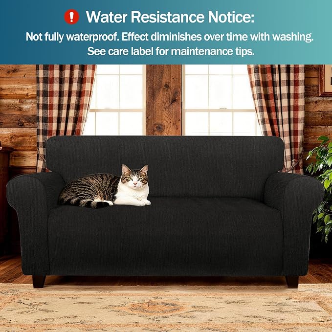 Waterproof Stretch Spandex Loveseat Couch Cover - Non-Slip Soft Sofa Slipcover with Elastic Bottom, Washable Leakproof Furniture Protector for Kids, Pets, Dogs & Cats (Loveseat, Black) - Image 2