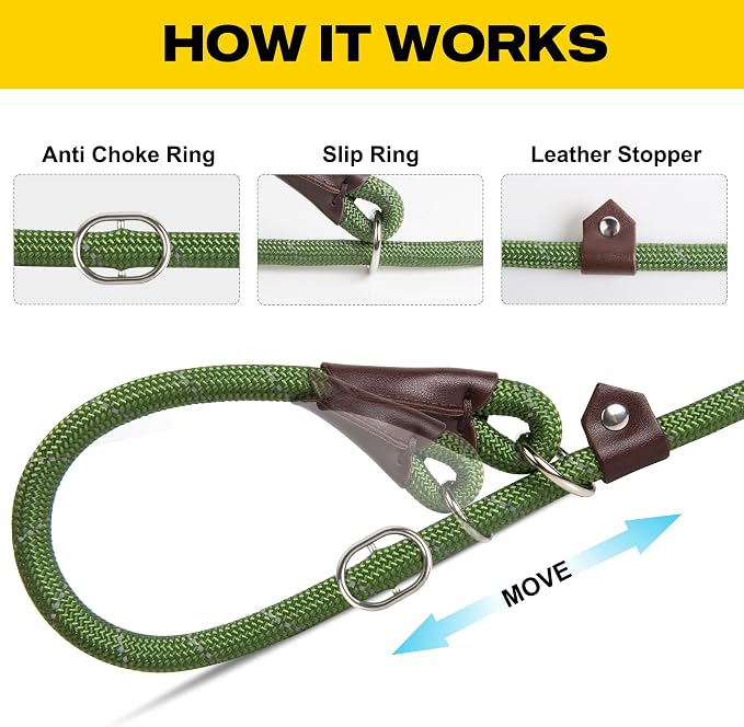 Fida Durable Slip Lead Dog Leash, 6 FT x 3/8" Dog Training Leash, Green | For Small Dogs and Puppies, Comfort Heavy Duty Rope Slip Leash, Highly Reflective for Night Safety, No Pull Pet Loop Leash - Image 3