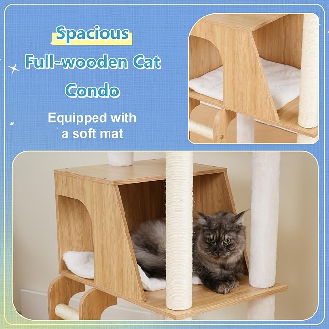 Hey-brother Wooden Cat Tree, Furniture Tower with Large Platforms, MPJ121BT | 69.7 inch, Modern Full Sisal Scratching Posts, Hammocks, Spacious Condo, Ladder, Brush, Water Proof Surface, White Oak - Image 7