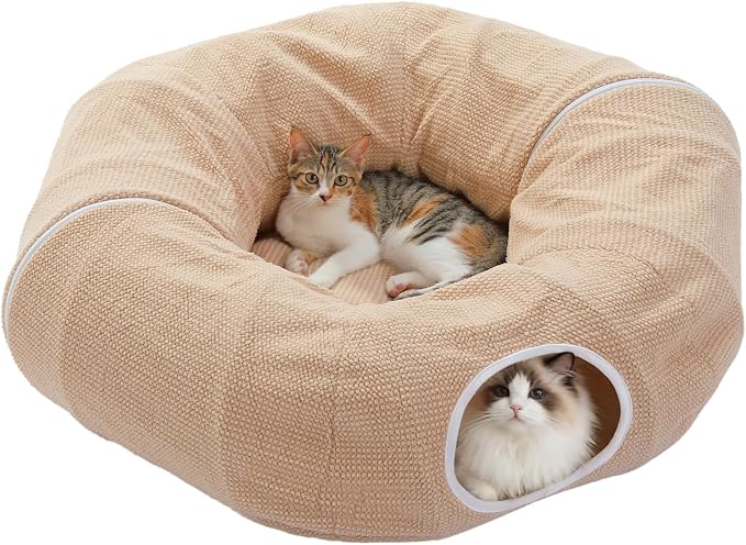 PEQULTI Beige Donut Cat Tunnel Bed Washable Plush Mat Multi for Small Pets | Round play tube with soft detachable plush mat, multi-pet toy fit indoor cats, kittens, puppies, rabbits and ferrets by PEQULTI