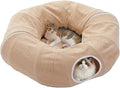 PEQULTI Beige Donut Cat Tunnel Bed Washable Plush Mat Multi for Small Pets | Round play tube with soft detachable plush mat, multi-pet toy fit indoor cats, kittens, puppies, rabbits and ferrets by PEQULTI