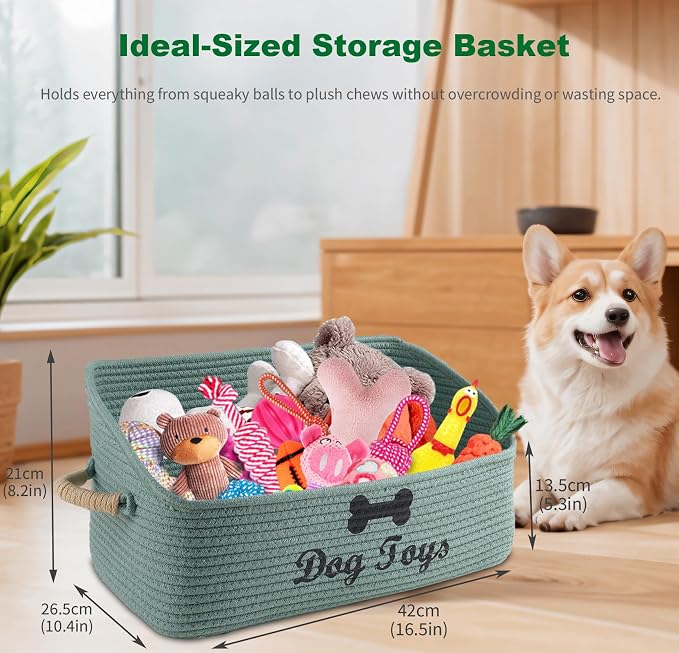 Dog Toy Basket-100% Cotton Rope Dog Toy Bin for Living Room Area-Trapezoid Pet Toys Box with Sturdy Handle-Puppy Bed-Dog Stuff Organizer for Pet Toys,Collar,Leash,Blanket-Chew Proof -Green - Image 2