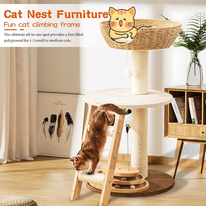 Modern Cat Tree for Indoor Cats, 30 in Cat Tower with Basket Bed | Interactive Play Base, 8cm Thick Sisal Scratching Posts, Climbing Ladder, Teaser Toy, Replaceable Cooling & Plush Mats - Image 6