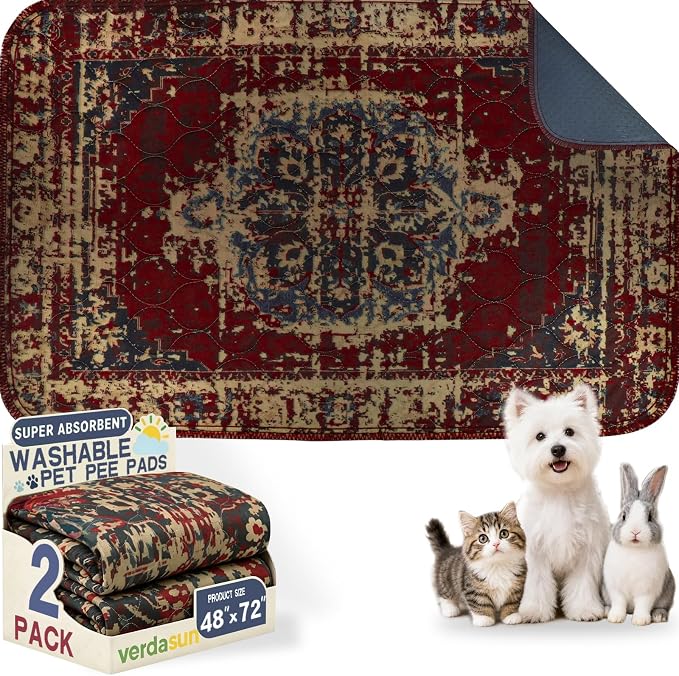 Washable Pee Pads for Dogs, Reusable Puppy Potty Training Pads, Ultra-Absorbent Thick Waterproof Leak-Proof Non-Slip Pads & Mat for Crate, Playpen, Floor, Whelping & Housebreaking , 2 Pack 48"x72" by Verdasun