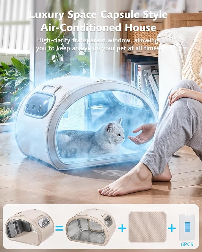 Pecute Cooling Dog House,with Cooling Mat for Small Dogs,Cat Bed,M,Cream | 6 Ice Packs for Cooler,Aluminum Film Insulation System,Breathable, Cool, Safe, and Sturdy AC Room for Cats in Hot Summer Days - Image 2