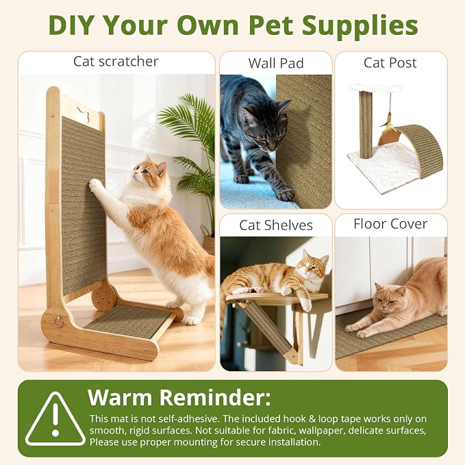 Natural Cork Cat Scratcher Mat with No Pre-Applied Adhesive, Bonus Hook-Loop Tape Included. Replacement for Cat Post, Scratcher, Ramp, Cat Whell and Pet Supplies. (Catnip Green, 39.4 x 11.8 Inch) - Image 4