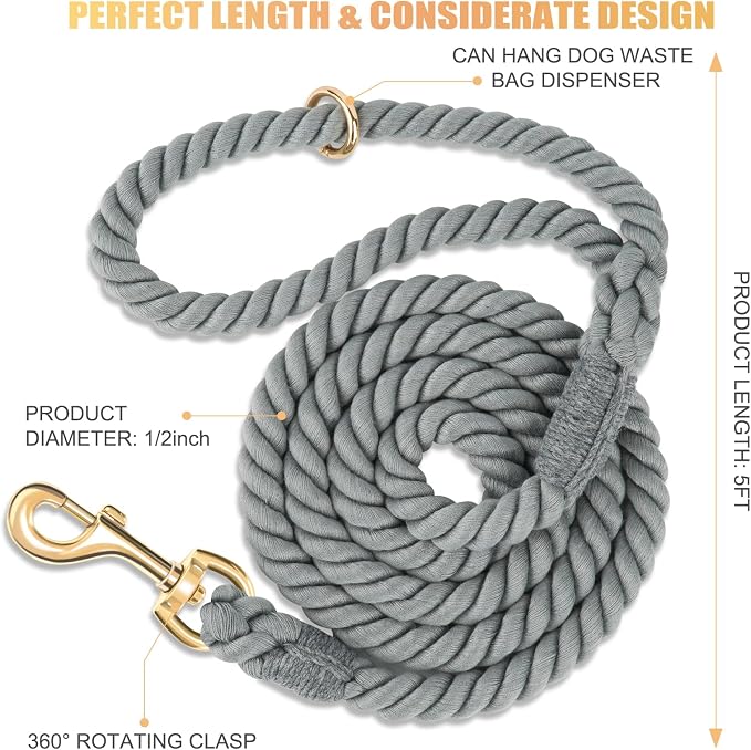 5 FT Handmade Rope Dog Leash for Small Medium and Large Dogs | Soft and Comfortable Grip, New Golden Heavy Duty Metal Clasp, Grey - Image 2