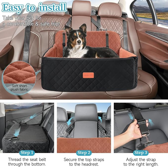 HEGGCOOE Dog Car Seat for Medium/Large Dogs, Pet Booster Seat for Under 55 lbs or 2 Small Dogs, Detachable & Washable Dog Car Bed for Backseat with 2 Safety Leashes(Black/Brown) - Image 6