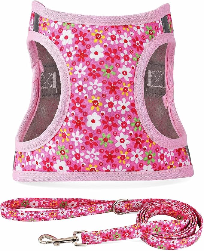 Step in Dog Harness Leash Set- All Weather Reflective No-Pull Floral Pattern Padded Mesh Vest Harness for Cats Puppy Extra-Small Small Medium Large Dogs - Pink Flower - M by MOONPET