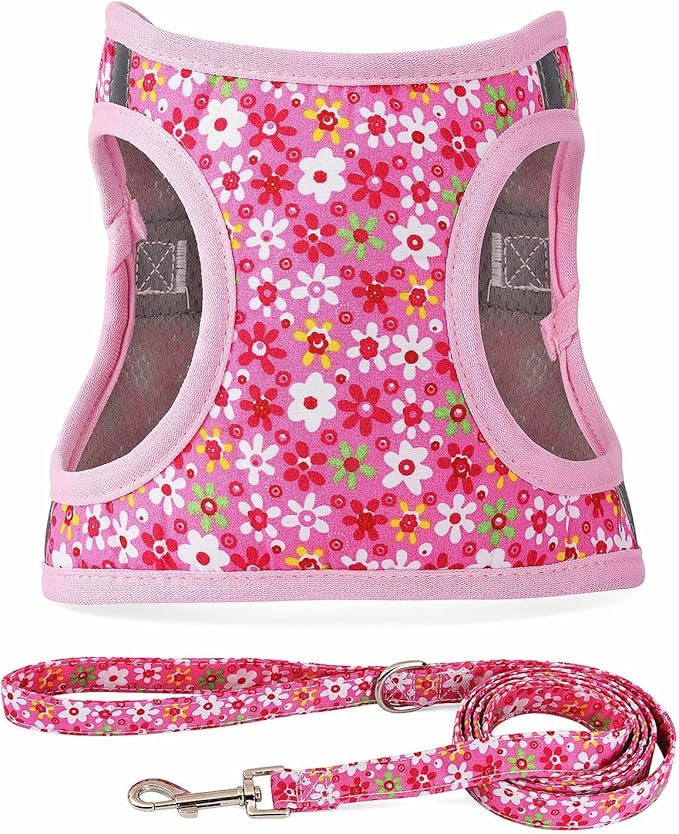 Step in Dog Harness Leash Set- All Weather Reflective No-Pull Floral Pattern Padded Mesh Vest Harness for Cats Puppy Extra-Small Small Medium Large Dogs - Pink Flower - XL by MOONPET