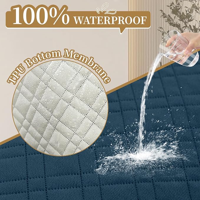 Velvet 100% Waterproof Loveseat Covers Washable Love Seat Couch Covers for 2 Cushion Couch Sofa Pet Friendly Sofa Slipcovers Dogs Furniture Protector with Pockets (Medium-XL, Dark Blue) - Image 2