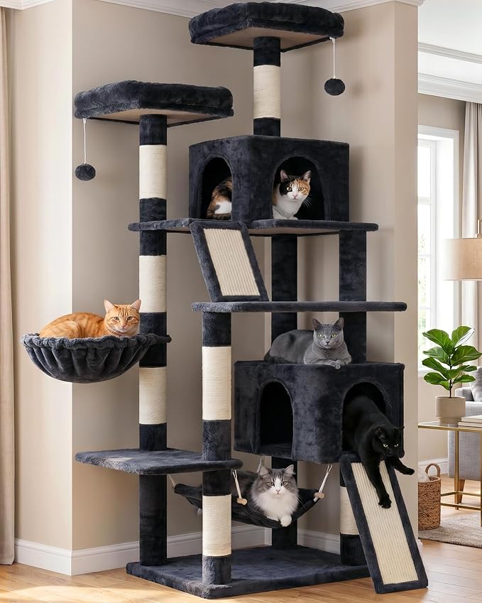 Cat Tree, 71'' Tower for Large Cat with Scratching Post, GCT032G | 2 Cat Condo House for Indoor Cats Large Adult, 2 Scratching Boards, 7 Posts, 2 Plush Perches, Hammock, Basket, Smoky Gray - Image 7